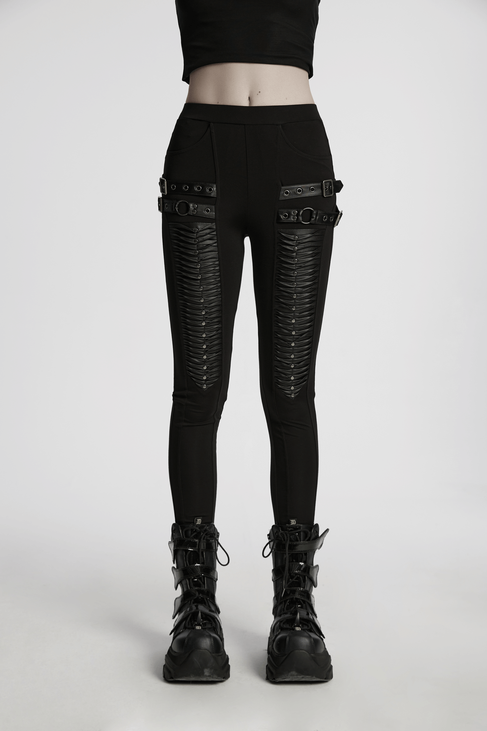 Gothic Leggings with 3D Pleats and Faux Leather Straps