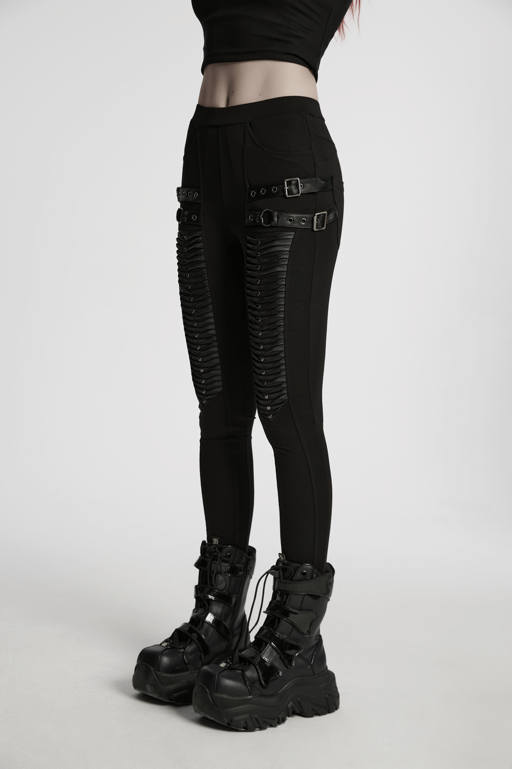 Gothic Leggings with 3D Pleats and Faux Leather Straps