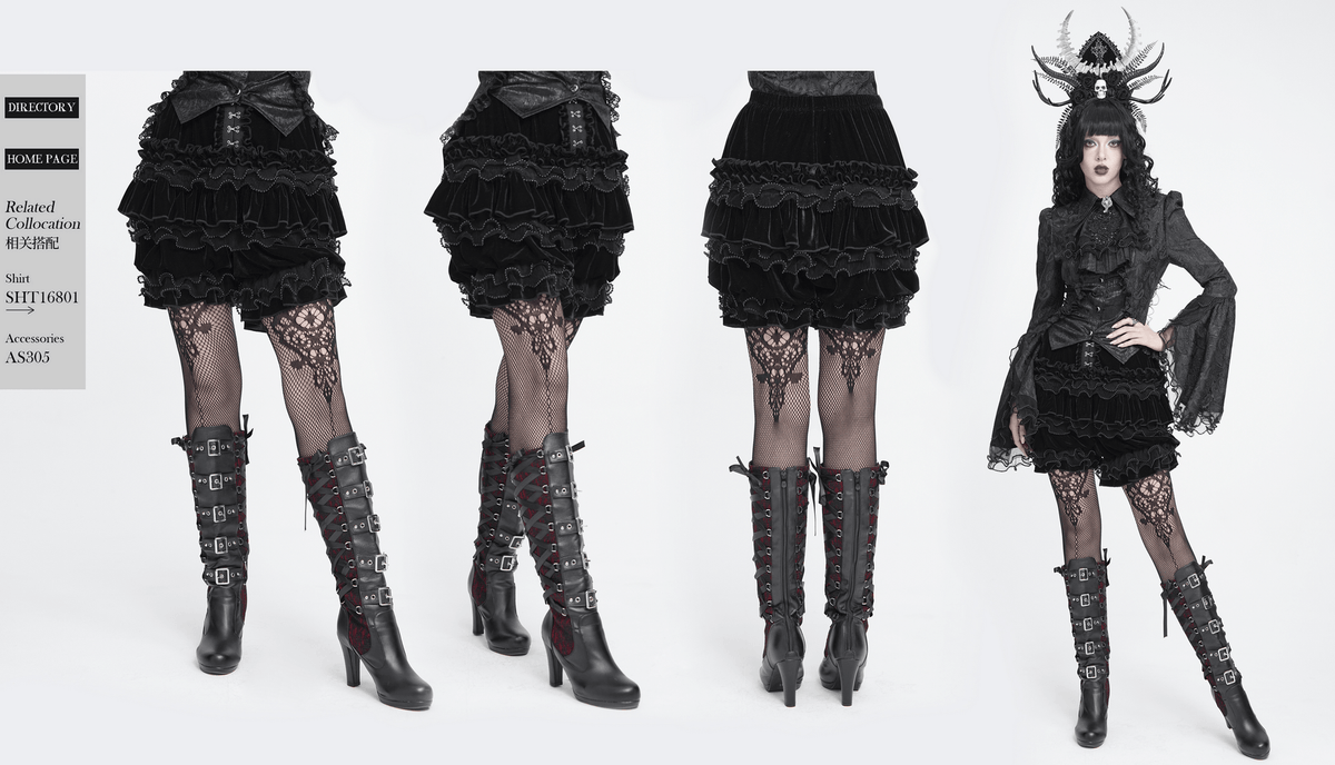 Gothic Lolita Velvet Ruffle Shorts with Lace Trim