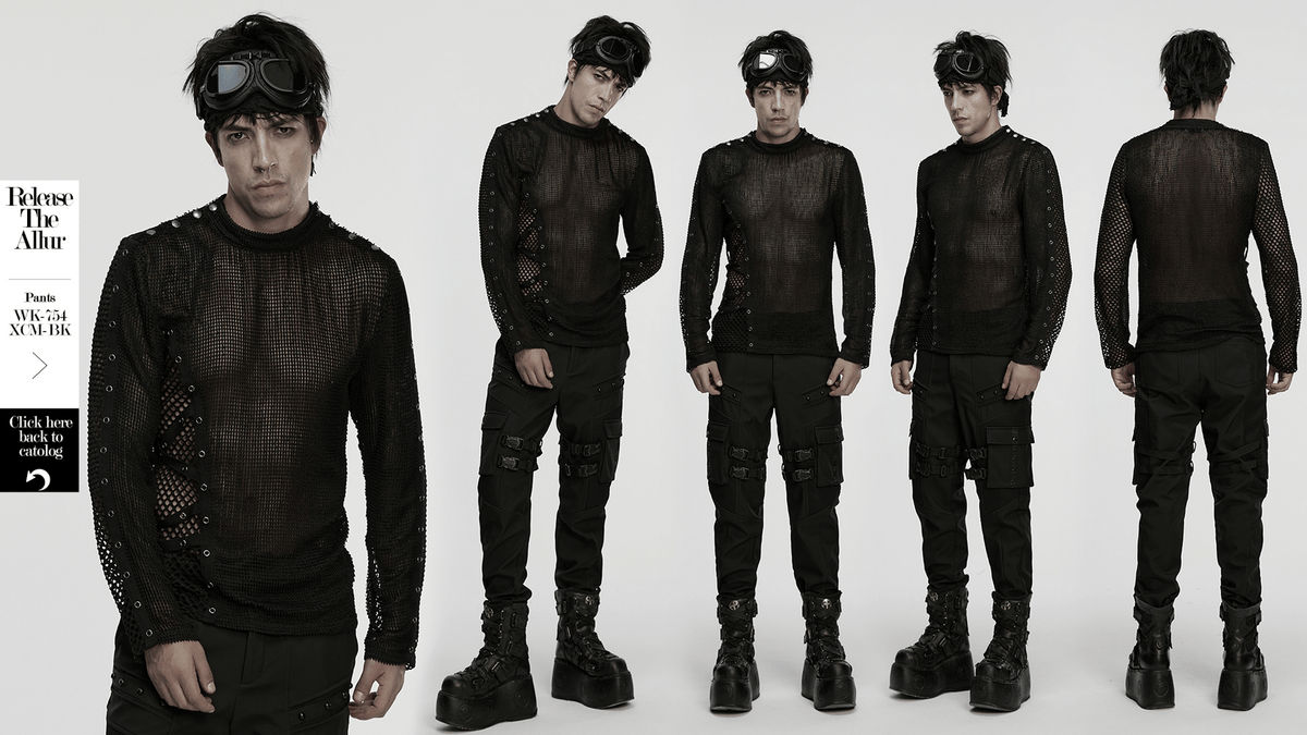 Gothic Long Sleeve Black Mesh Top with Eyelet Straps