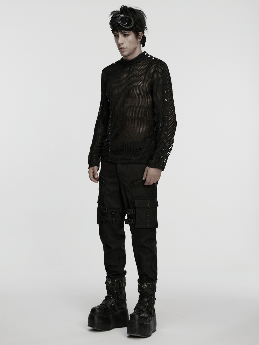 Gothic Long Sleeve Black Mesh Top with Eyelet Straps