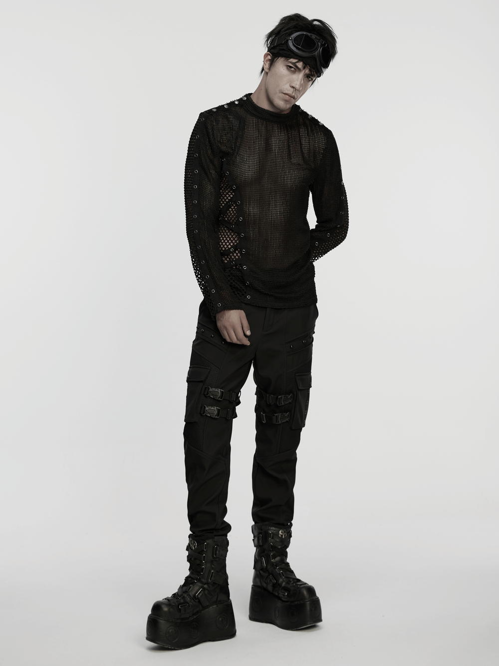 Gothic Long Sleeve Black Mesh Top with Eyelet Straps