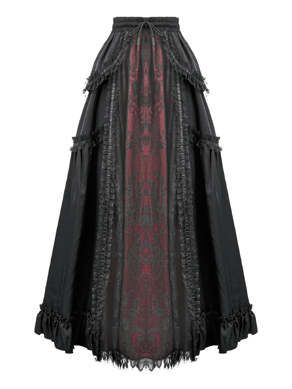 Gothic Maxi Skirt with Red Lace Panel and Ruffles
