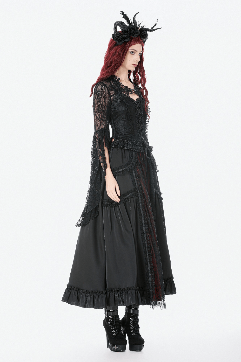Gothic Maxi Skirt with Red Lace Panel and Ruffles