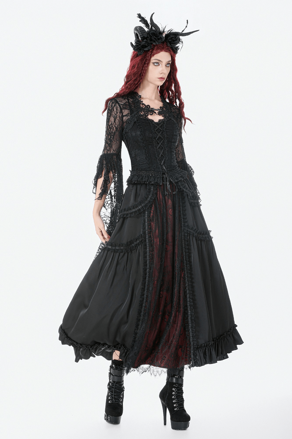 Gothic Maxi Skirt with Red Lace Panel and Ruffles