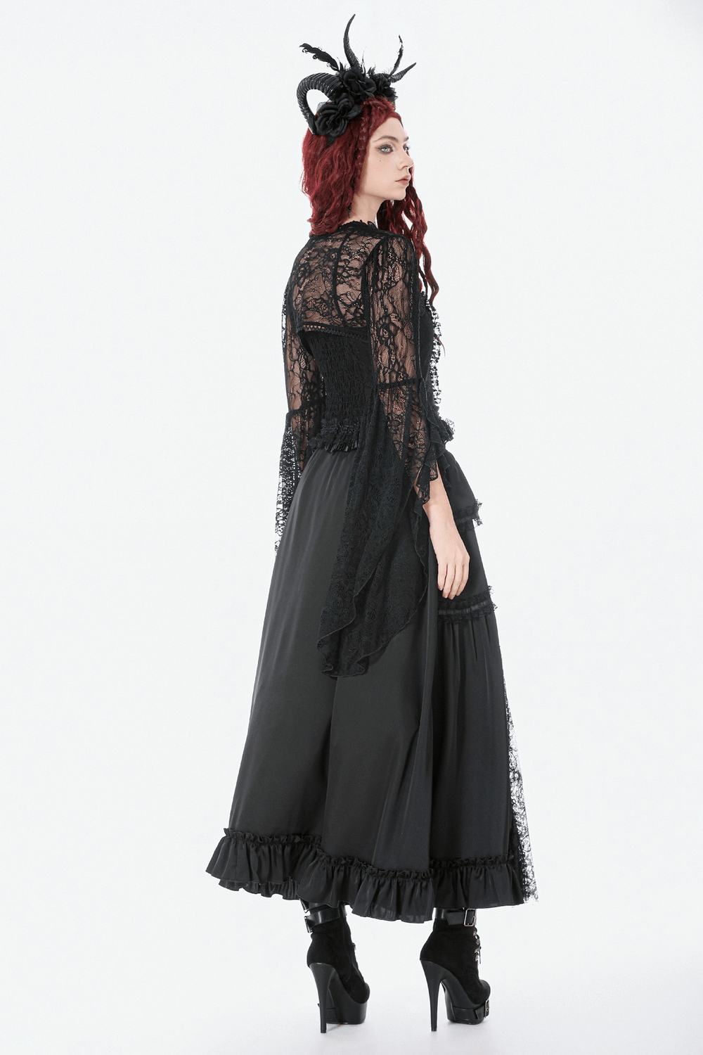 Gothic Maxi Skirt with Red Lace Panel and Ruffles