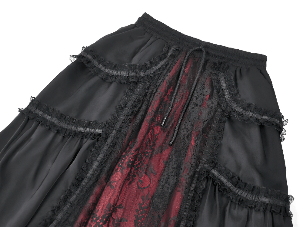 Gothic Maxi Skirt with Red Lace Panel and Ruffles