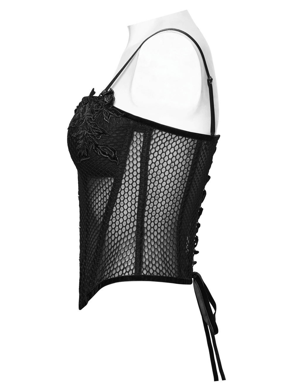 Gothic Mesh Corset Top with Velvet Rose Appliques