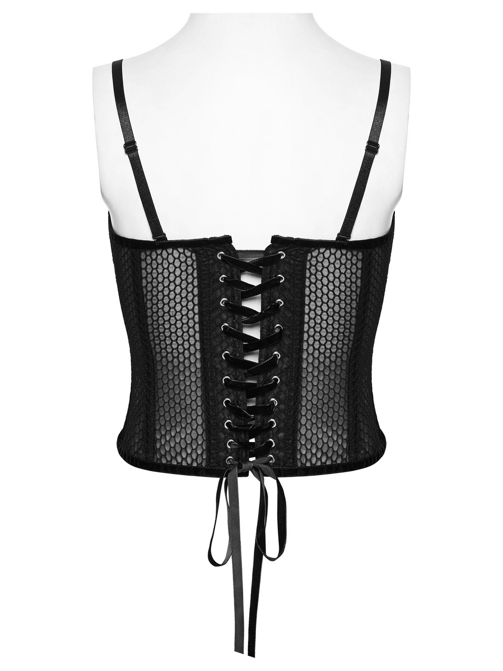 Gothic Mesh Corset Top with Velvet Rose Appliques