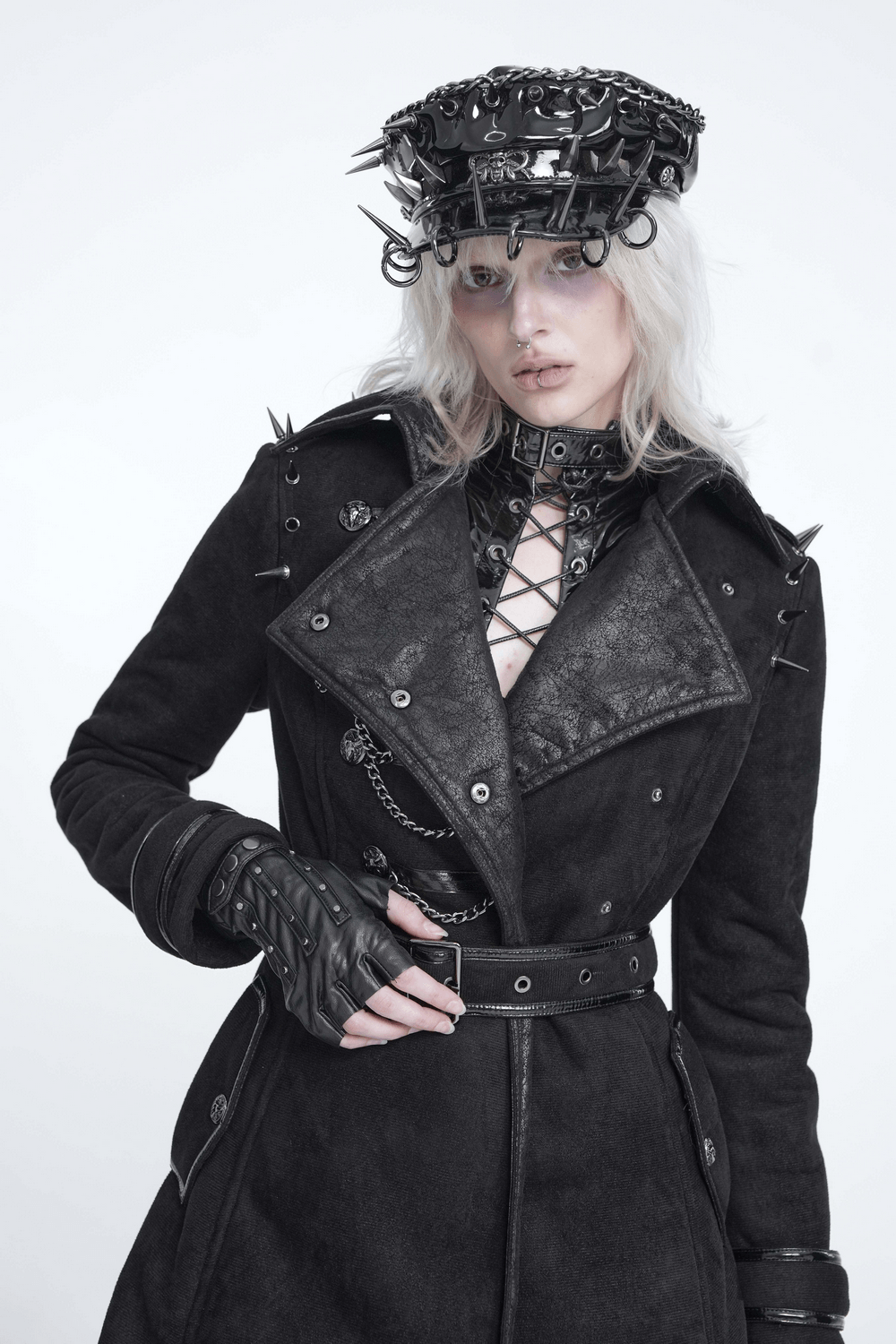 Gothic Military Coat with Chains and Spiked Shoulders