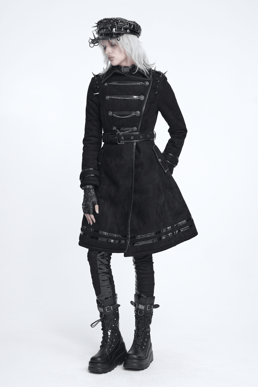 Gothic Military Coat with Chains and Spiked Shoulders