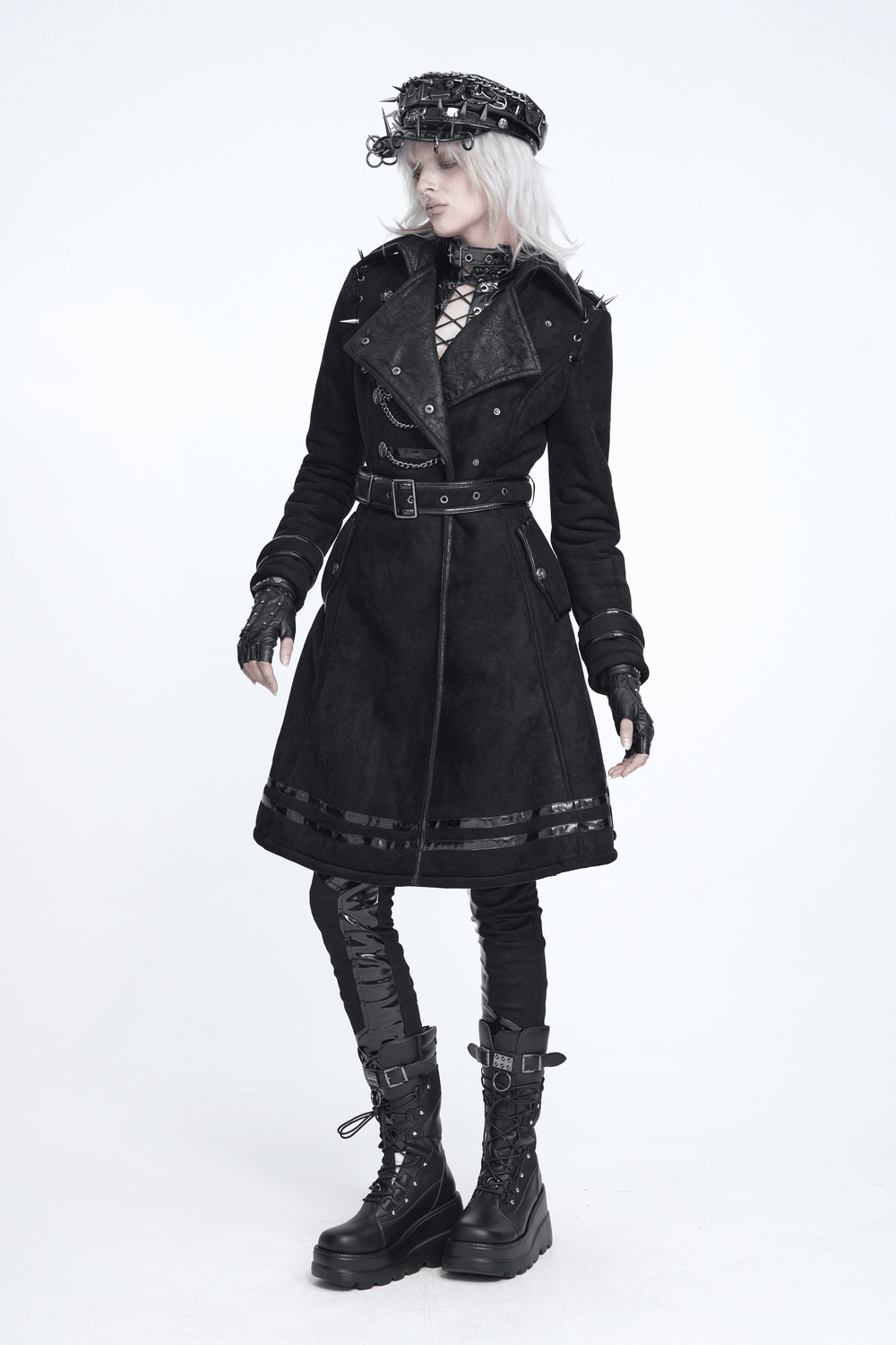 Gothic Military Coat with Chains and Spiked Shoulders