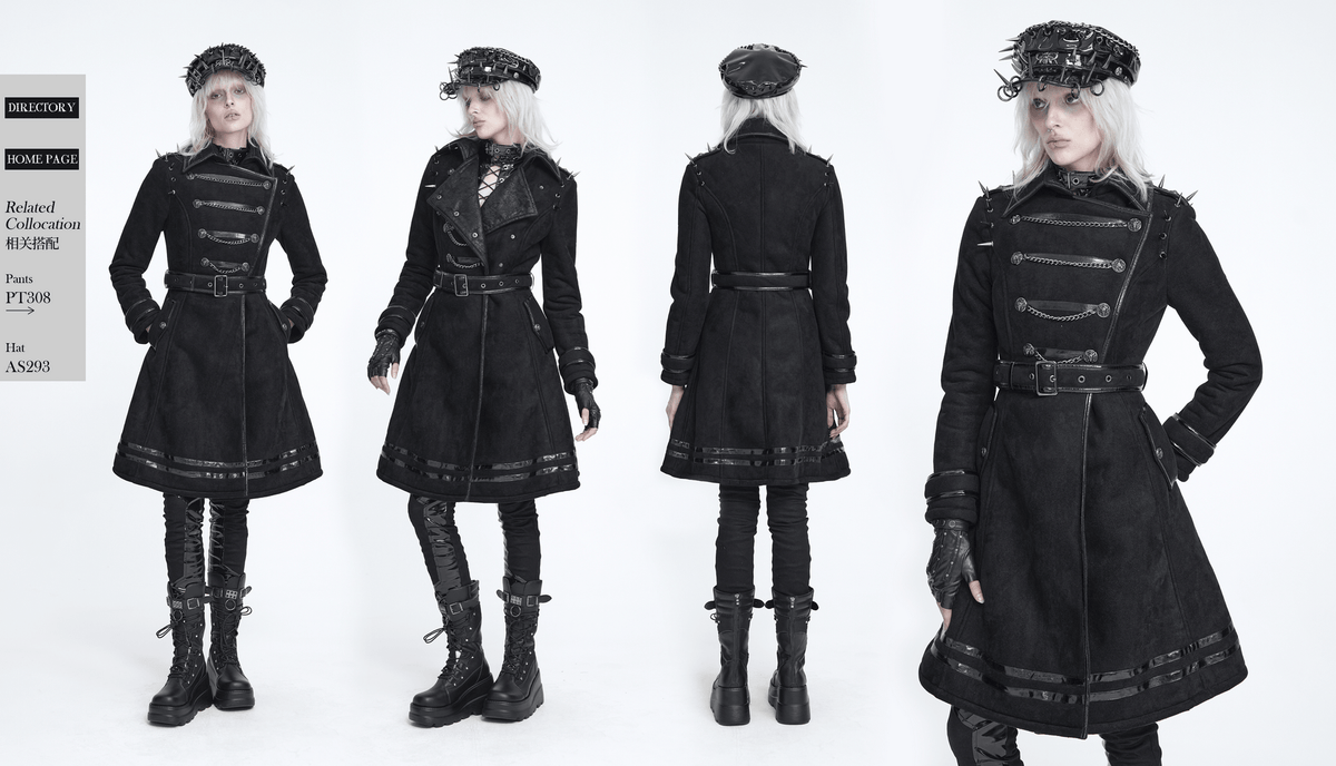 Gothic Military Coat with Chains and Spiked Shoulders