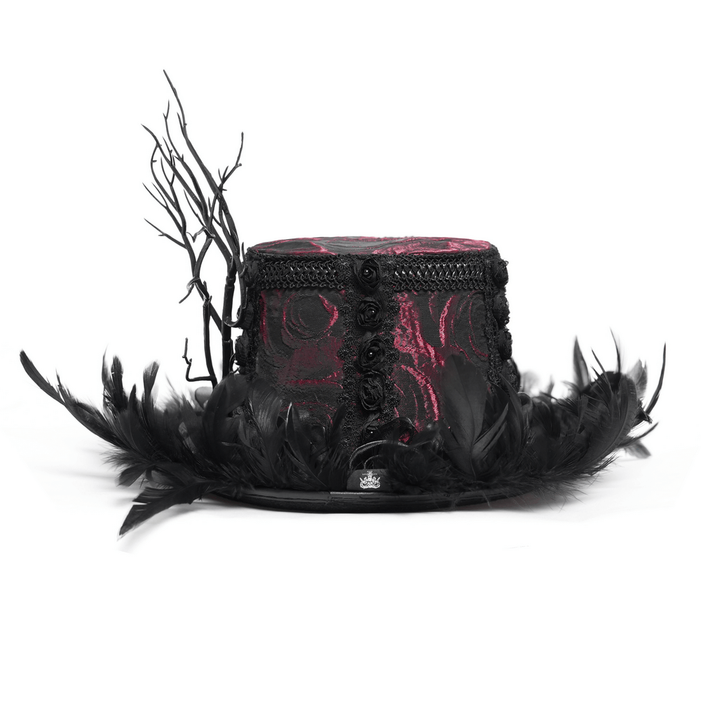 Gothic Mini Top Hat with Black Feathers and Rose Brocade