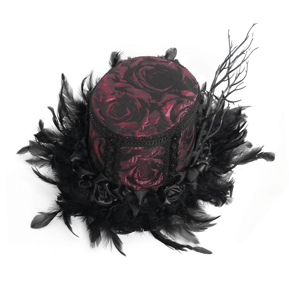 Gothic Mini Top Hat with Black Feathers and Rose Brocade