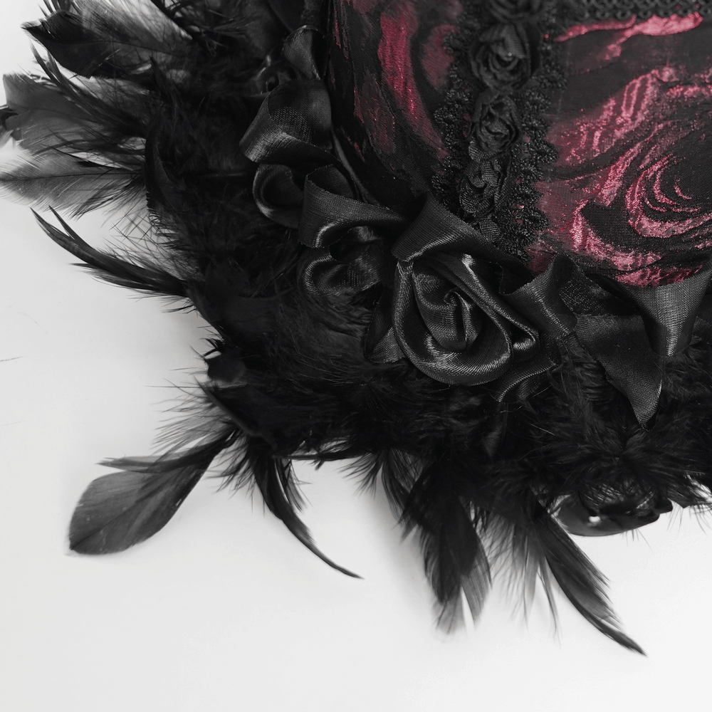 Gothic Mini Top Hat with Black Feathers and Rose Brocade