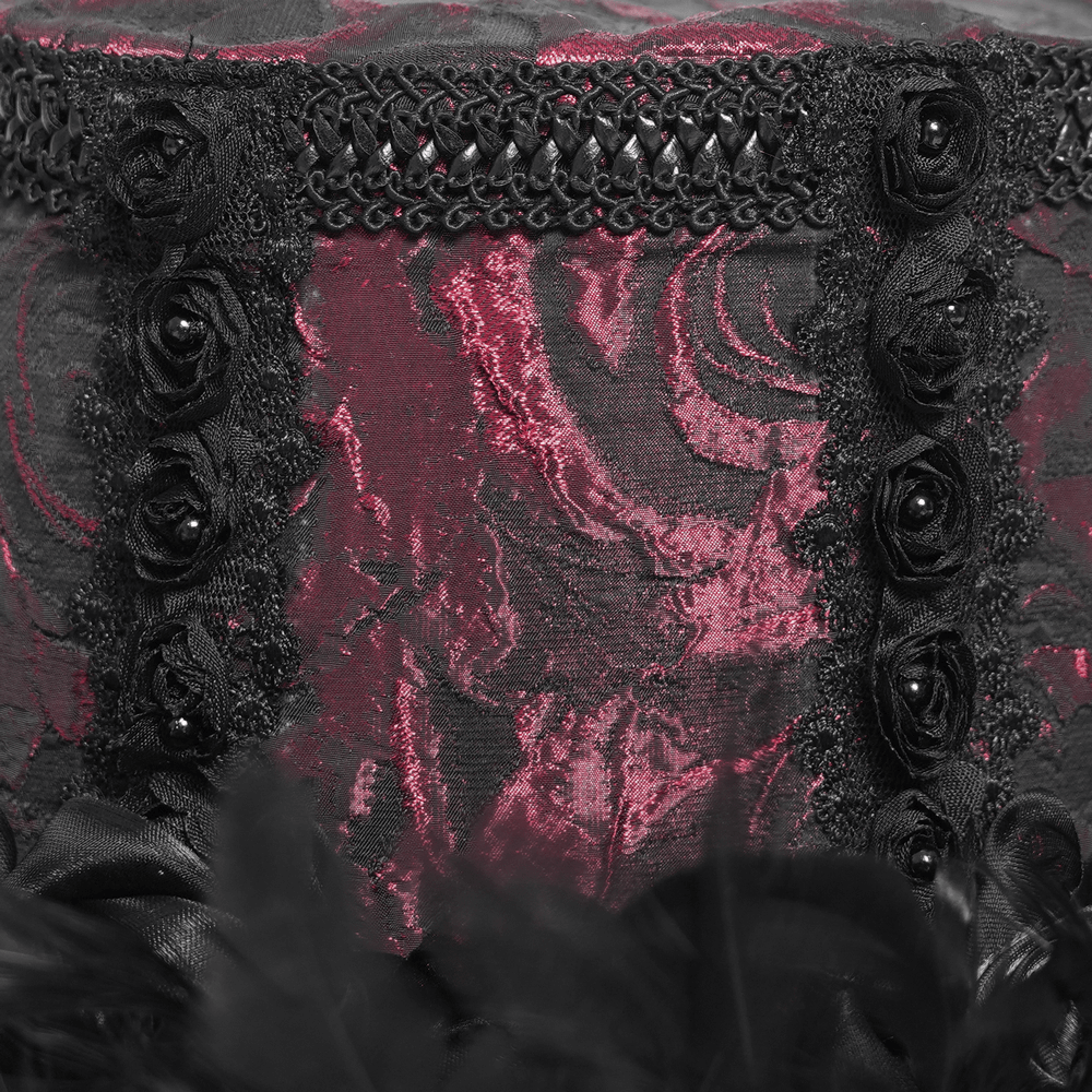 Gothic Mini Top Hat with Black Feathers and Rose Brocade