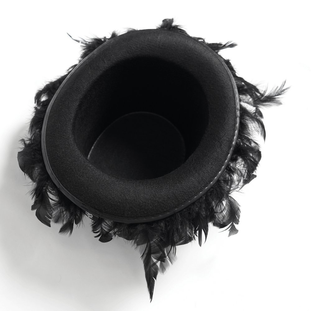 Gothic Mini Top Hat with Black Feathers and Rose Brocade