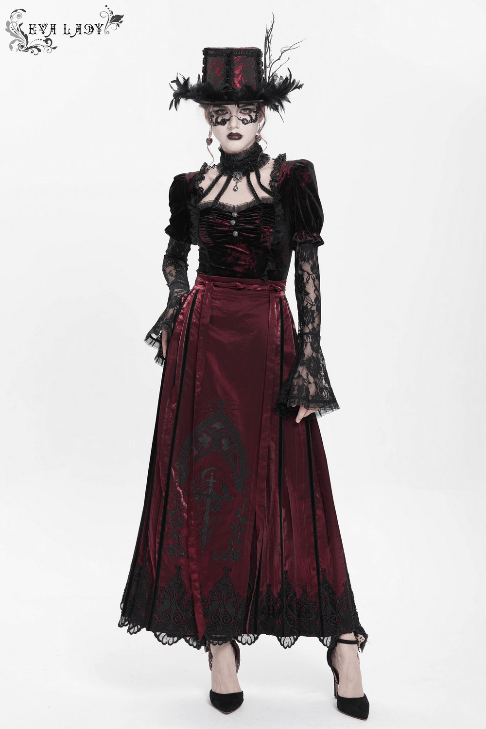 Gothic Mini Top Hat with Black Feathers and Rose Brocade