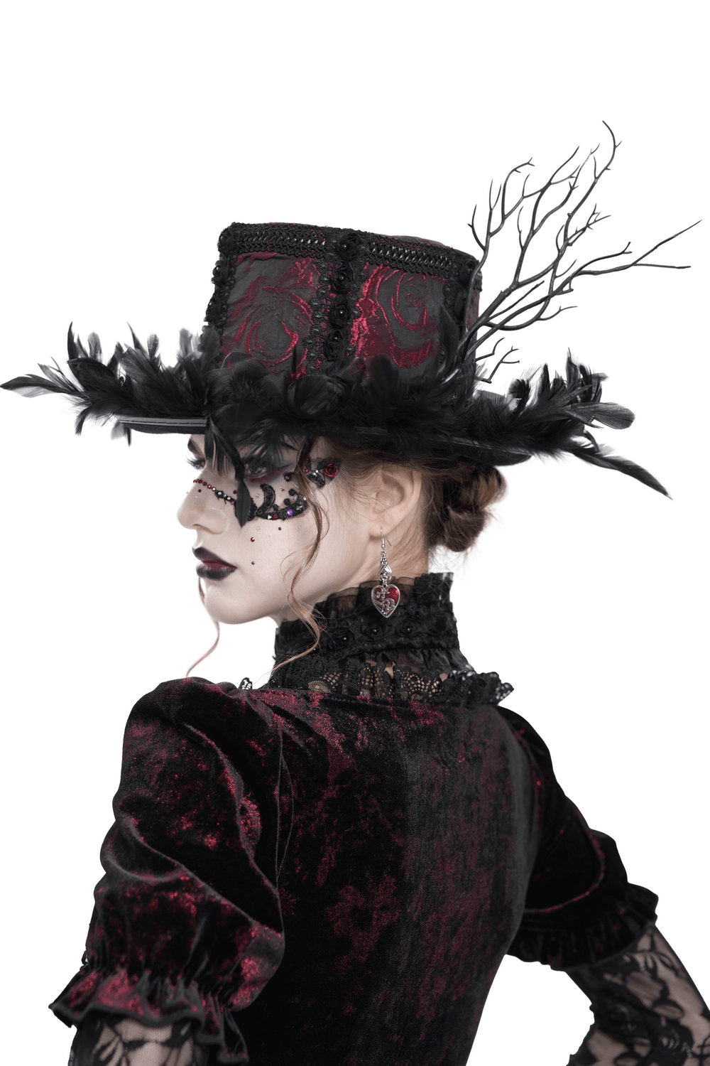 Gothic Mini Top Hat with Black Feathers and Rose Brocade