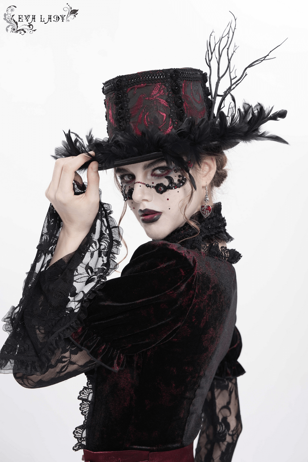 Gothic Mini Top Hat with Black Feathers and Rose Brocade