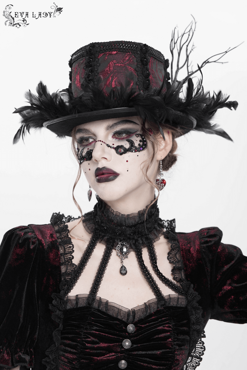 Gothic Mini Top Hat with Black Feathers and Rose Brocade