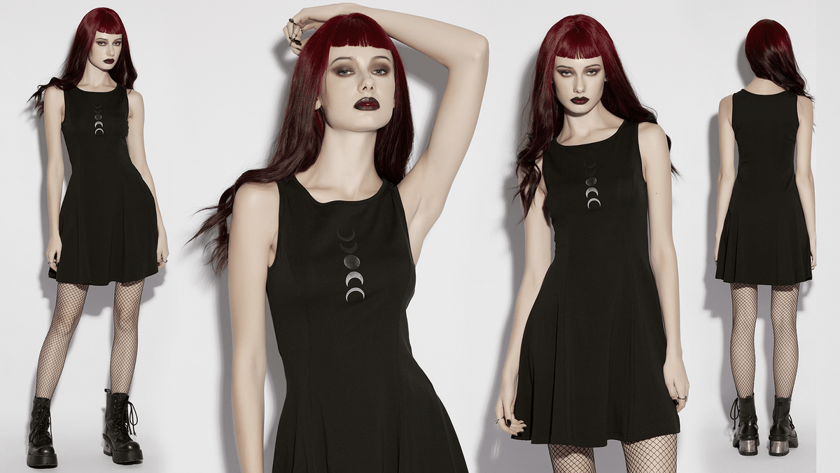 Gothic Moon Phase Skater Black Dress for Women