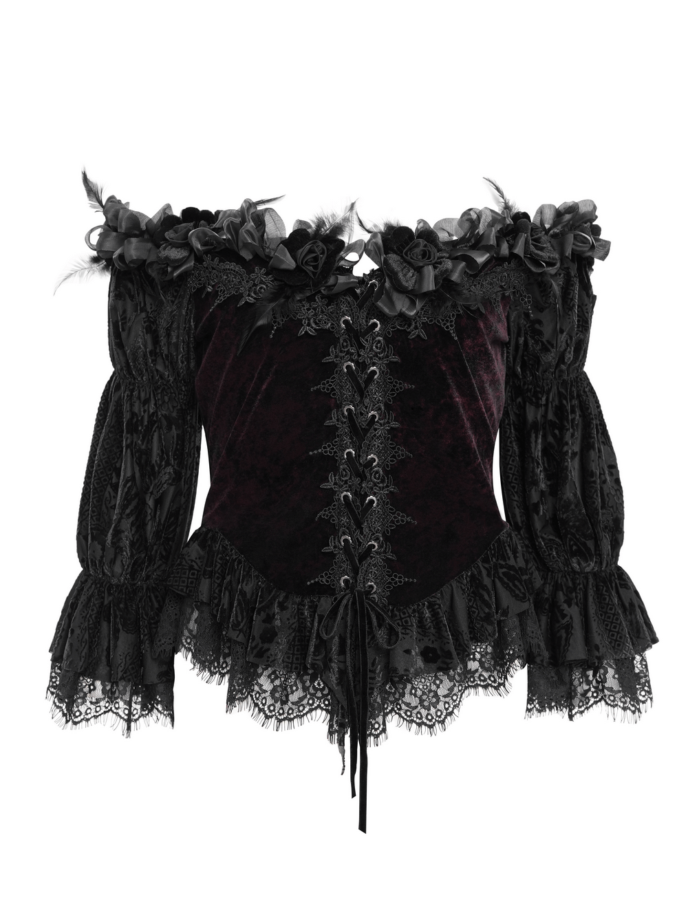 Gothic Off-Shoulder Lace-Up Velvet Blouse with Floral Detail