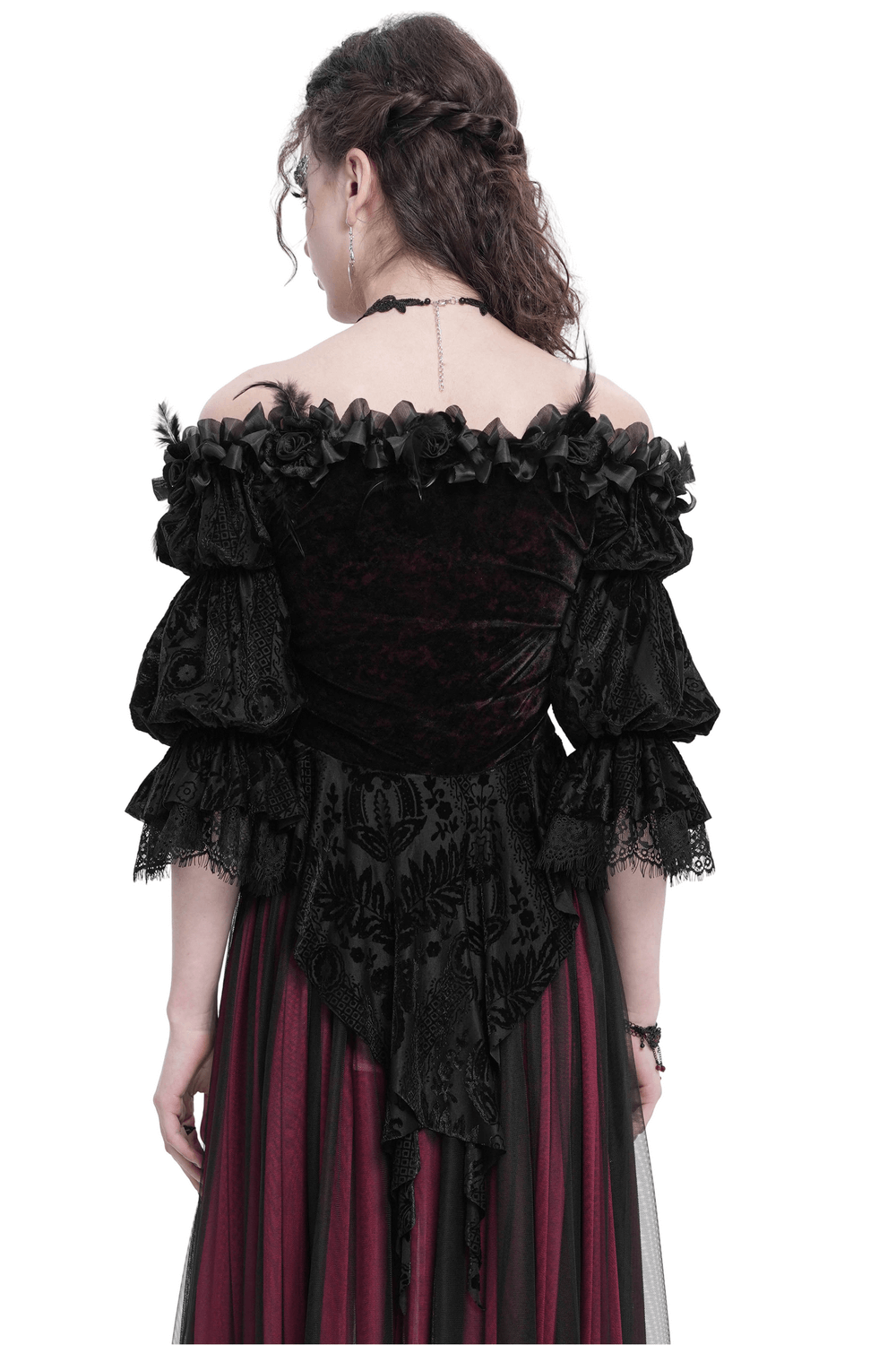 Gothic Off-Shoulder Lace-Up Velvet Blouse with Floral Detail