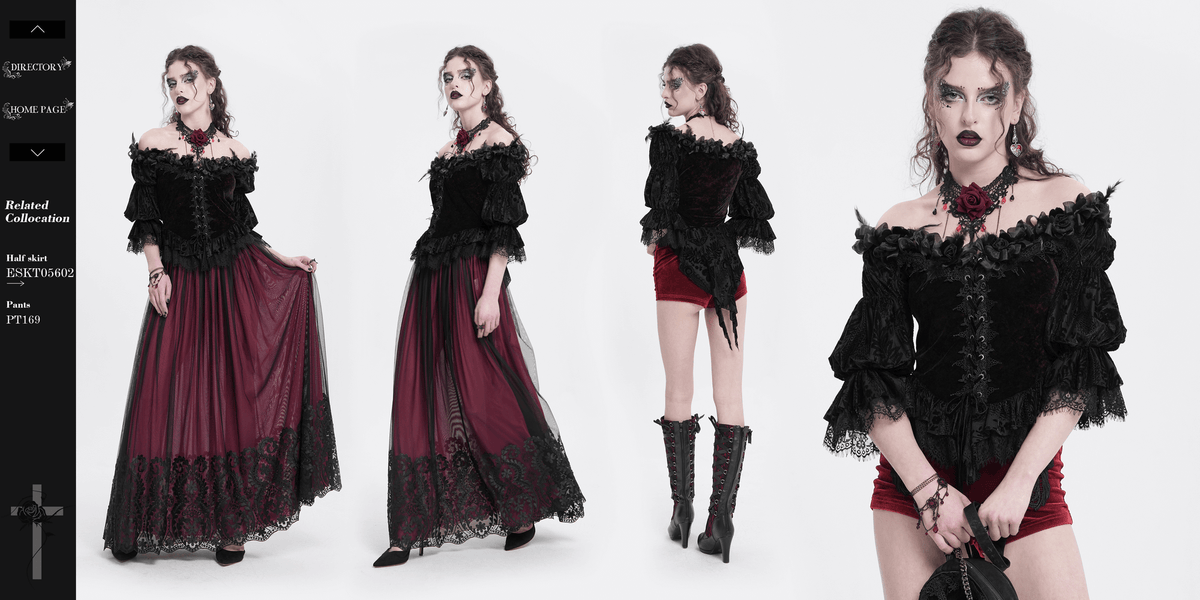 Gothic Off-Shoulder Lace-Up Velvet Blouse with Floral Detail
