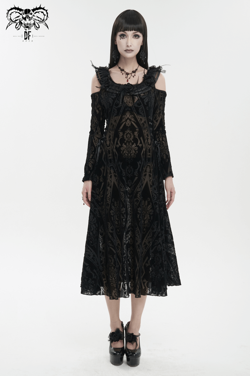 Gothic Off Shoulder Semi Transperent Dress / Women's Pattern Ruffled Dress