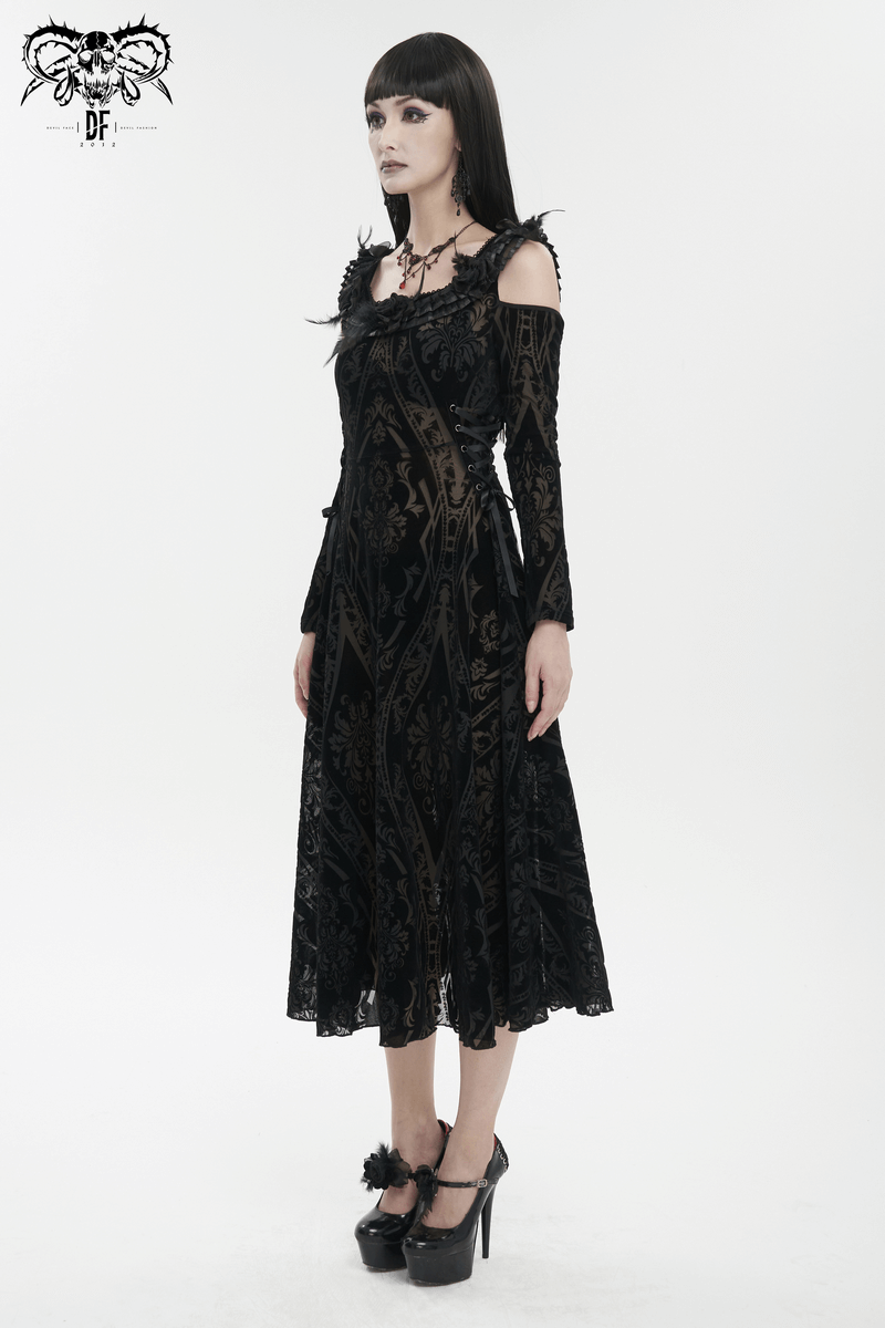 Gothic Off Shoulder Semi Transperent Dress / Women's Pattern Ruffled Dress