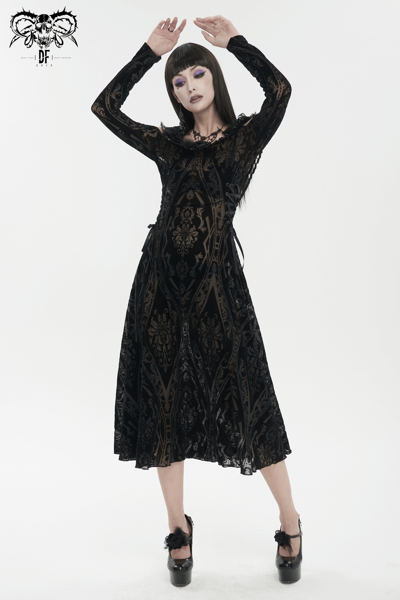 Gothic Off Shoulder Semi Transperent Dress / Women's Pattern Ruffled Dress