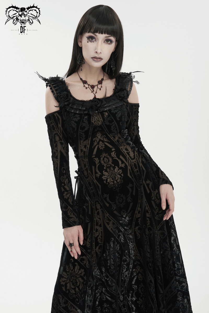 Gothic Off Shoulder Semi Transperent Dress / Women's Pattern Ruffled Dress