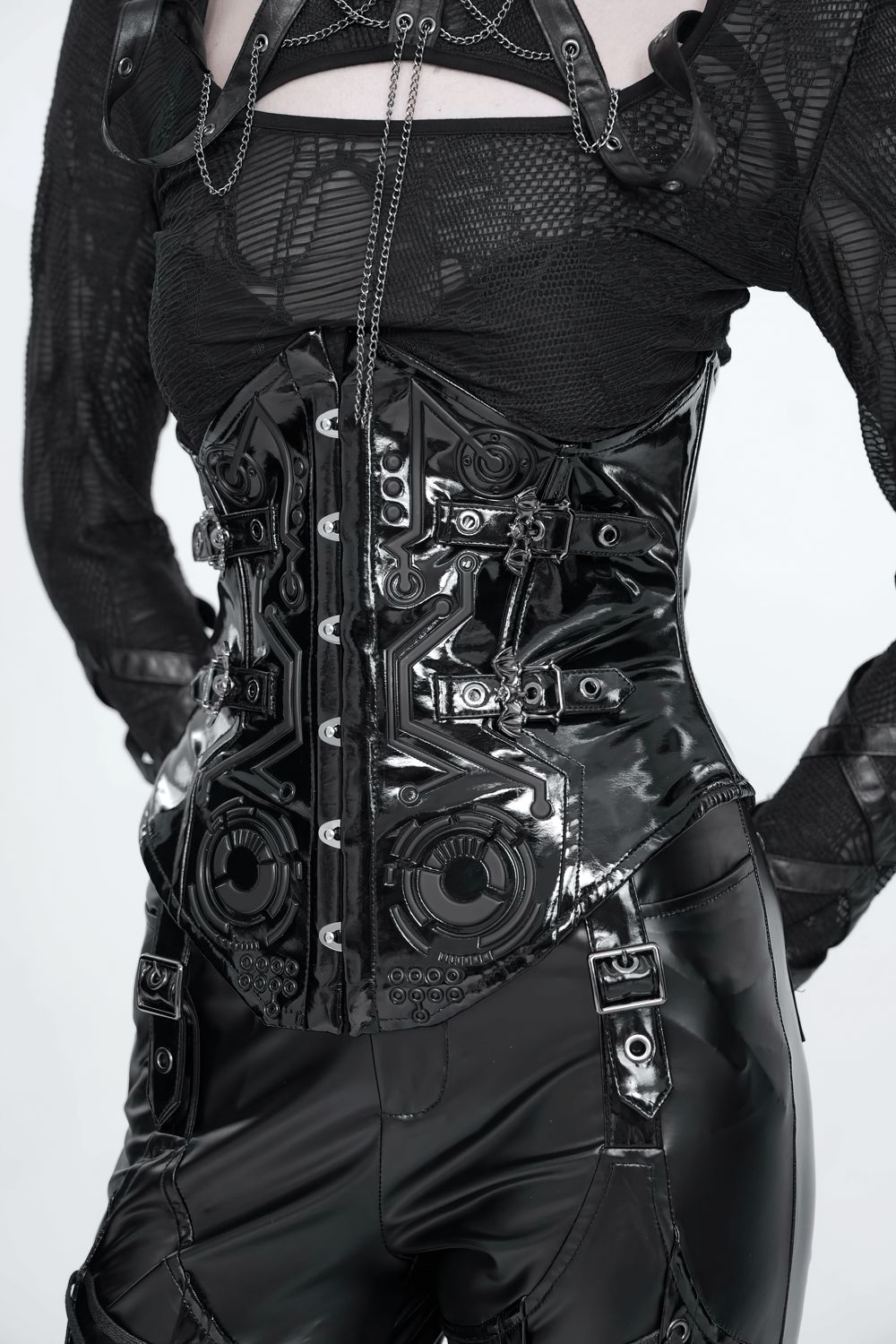 Gothic Patent Leather Corset Belt with Buckle Hardware