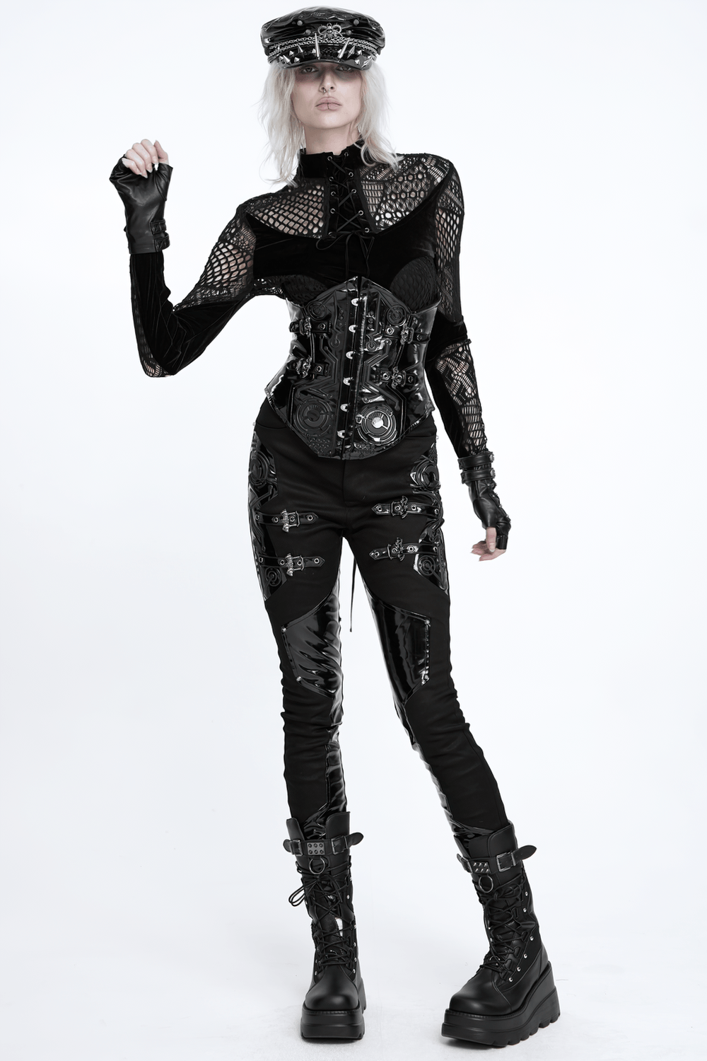 Gothic Patent Leather Corset Belt with Buckle Hardware
