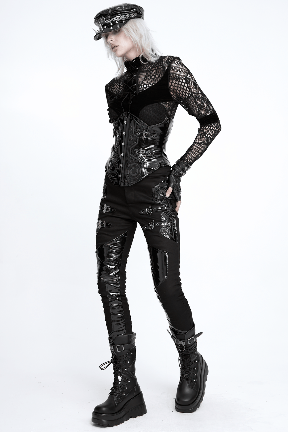 Gothic Patent Leather Corset Belt with Buckle Hardware