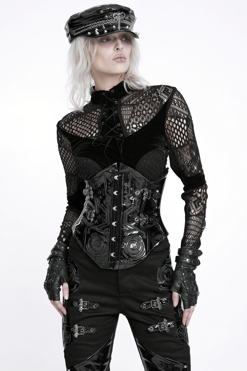 Gothic Patent Leather Corset Belt with Buckle Hardware