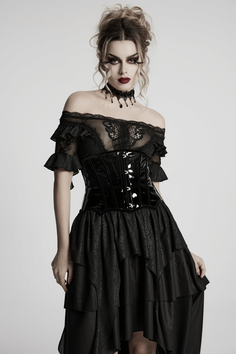 Gothic Patent Leather Lace-up Corset with Adjustable Back