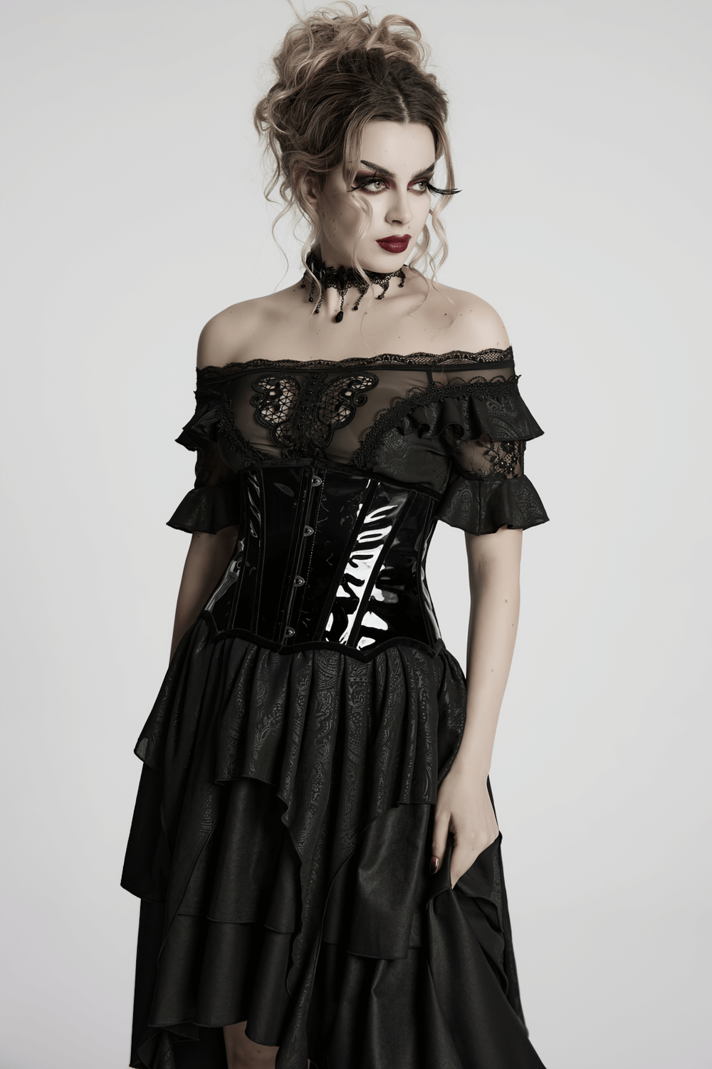 Gothic Patent Leather Lace-up Corset with Adjustable Back