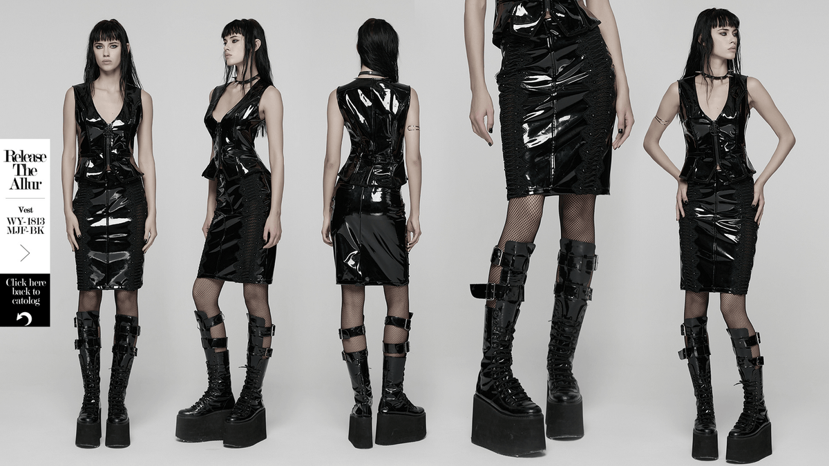 Gothic Patent Leather Skirt with Lace and Rivet Details