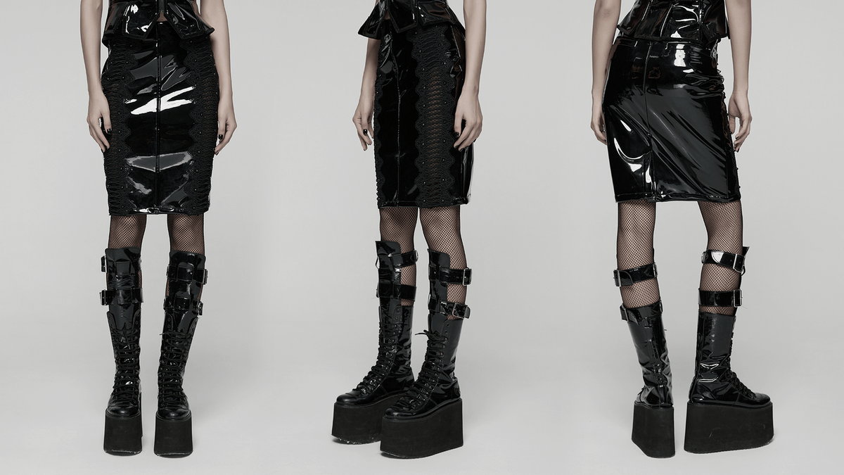 Gothic Patent Leather Skirt with Lace and Rivet Details