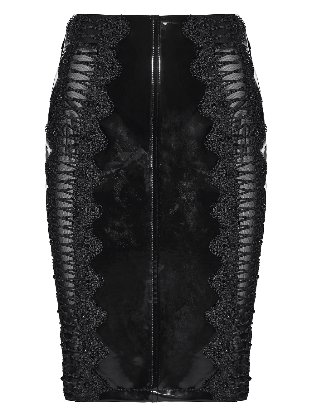 Gothic Patent Leather Skirt with Lace and Rivet Details