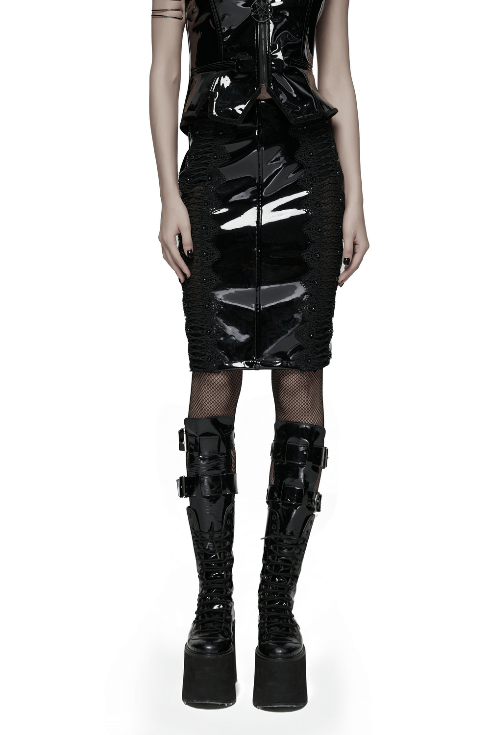 Gothic Patent Leather Skirt with Lace and Rivet Details