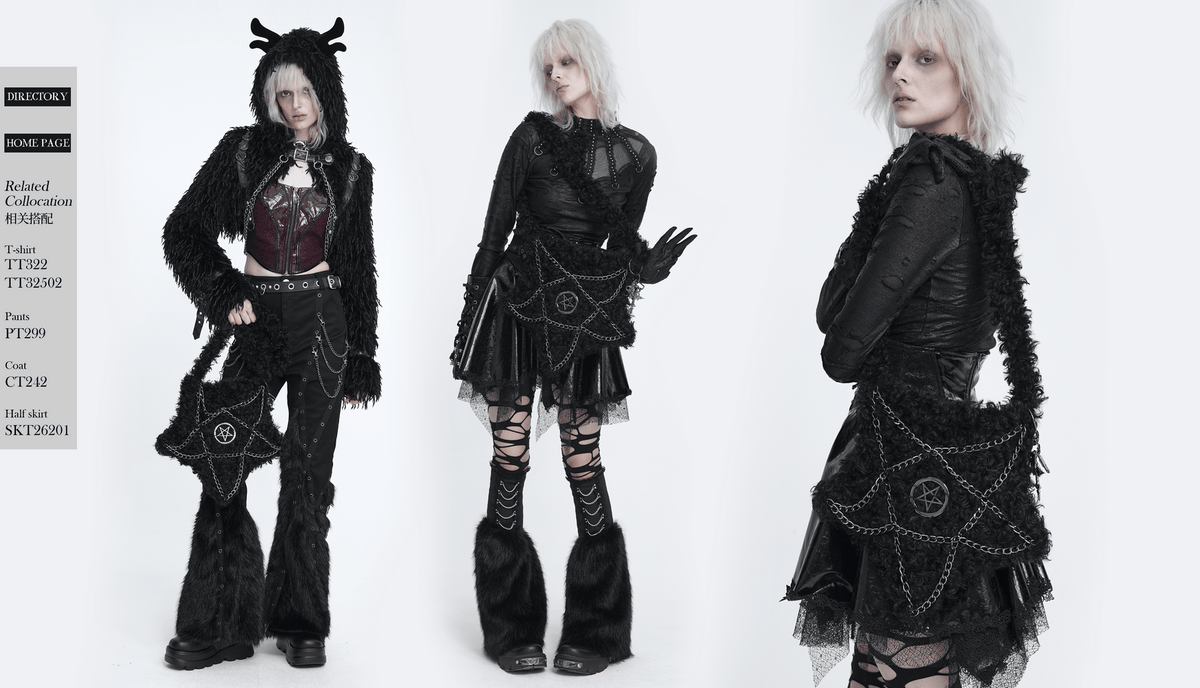 Gothic Pentagram Faux Fur Shoulder Bag with Chains