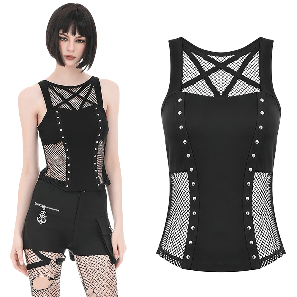 Gothic Pentagram Mesh Tank Top with Studded Side Detail