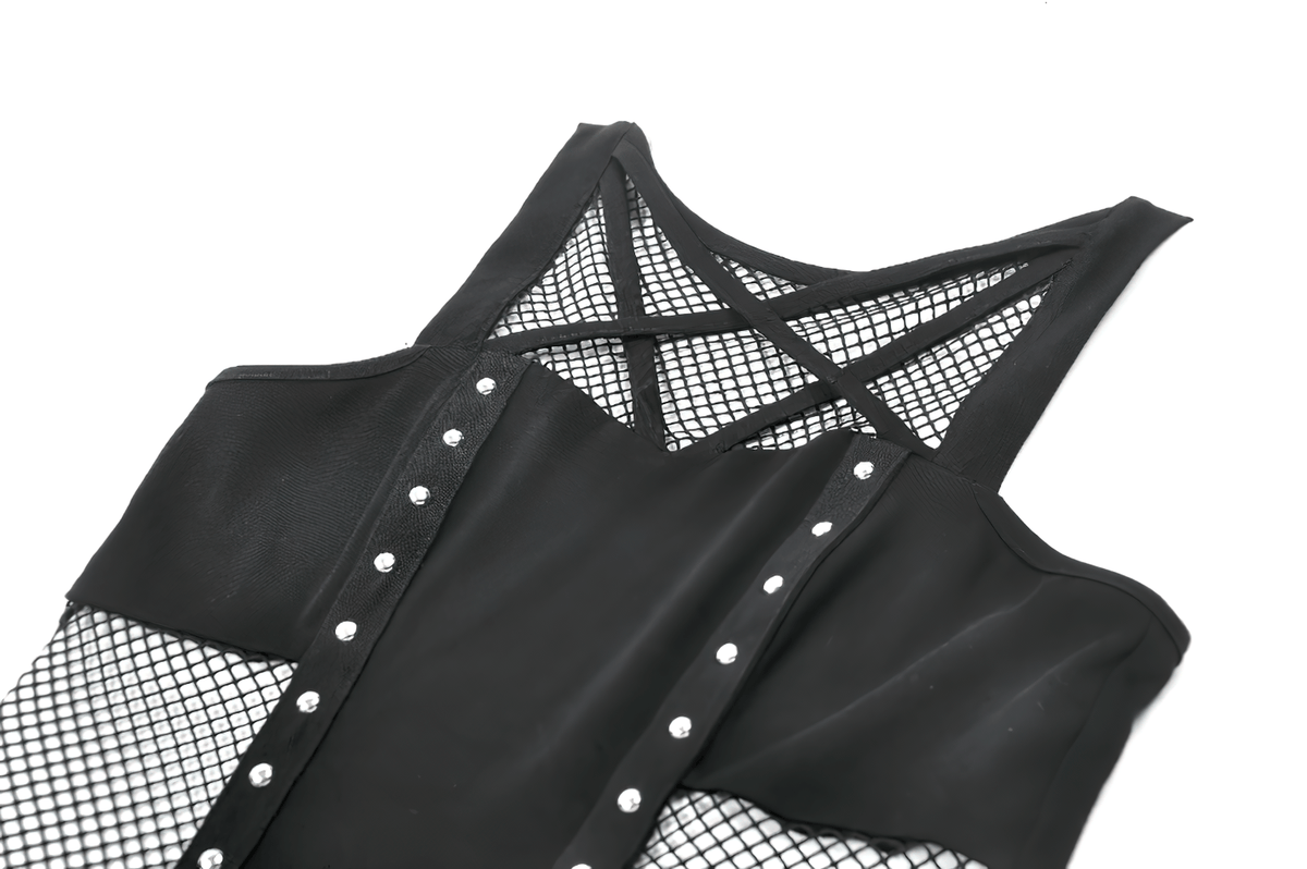 Gothic Pentagram Mesh Tank Top with Studded Side Detail