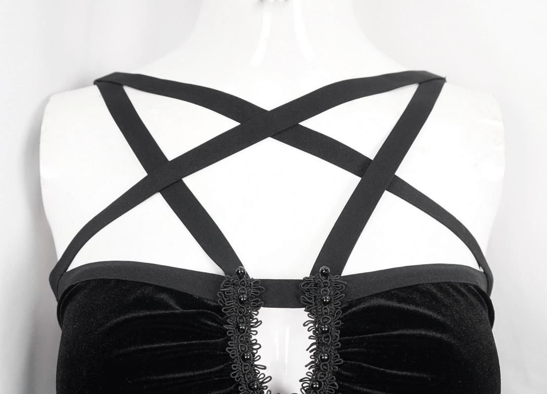 Gothic Pentagram Strappy Irregular Dresses / Women's Vintage Backless Black Dress