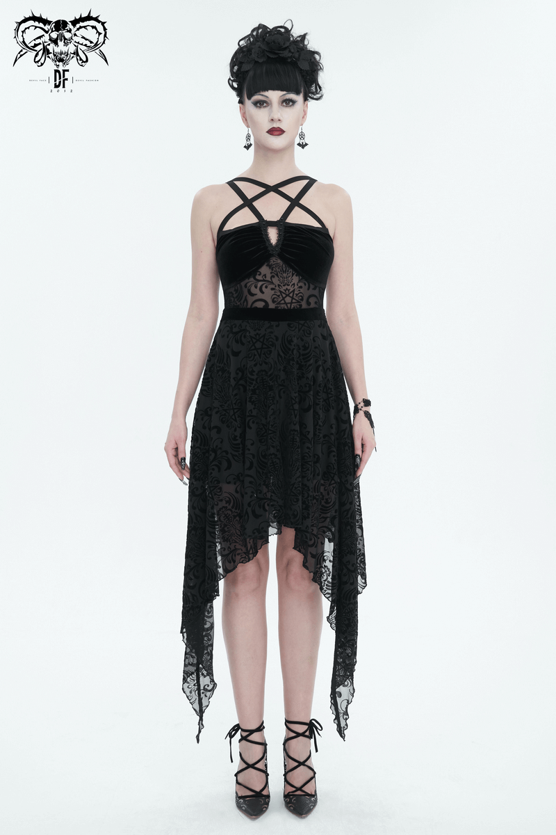 Gothic Pentagram Strappy Irregular Dresses / Women's Vintage Backless Black Dress