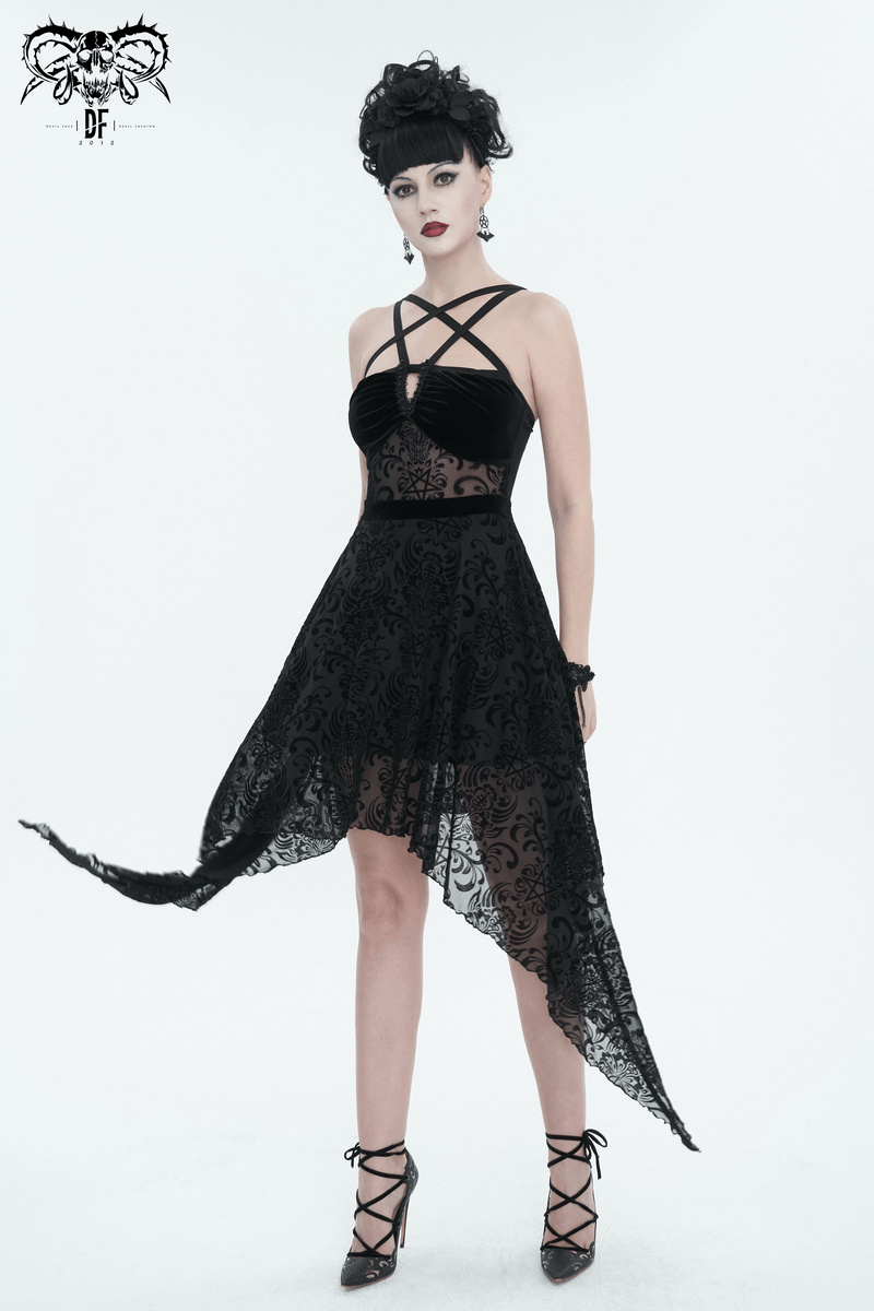 Gothic Pentagram Strappy Irregular Dresses / Women's Vintage Backless Black Dress